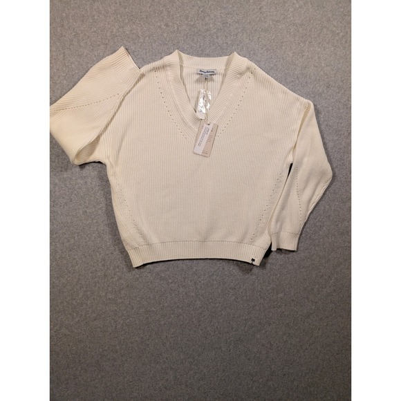 Tommy Bahama Women's Ivory V Neck Knit Sweater Oversize Dolman Coastal Vacay XL - Picture 2 of 16